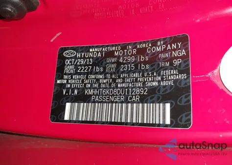 2013 Hyundai Genesis 2.0T R-Spec from USA, damaged, VIN KMHHT6KD8DU112892